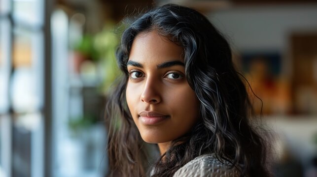 Portrait Of Confident Young Indian Woman Renter Or Tenant Pose In Modern Own New Apartment Or House. Profile Picture Of Millennial Mixed Race Female Look At Camera