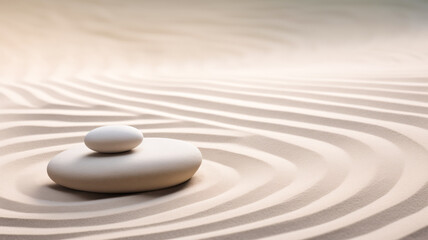 Banner Zen garden meditation with sand wave and stone background.