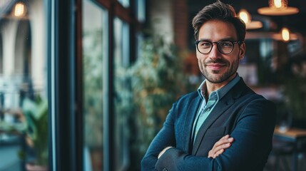Obraz premium Portrait of handsome confident smiling businessman standing in the office and looking at camera.