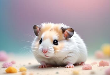 Hamster on the floor with candies in pastel colors