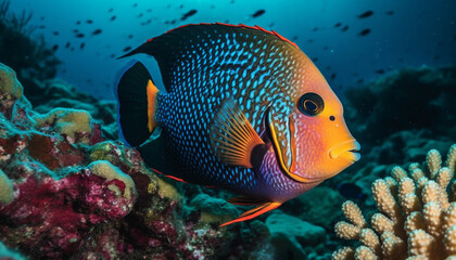 Underwater fish reef, animal nature, multi colored scuba diving tropical climate generated by AI