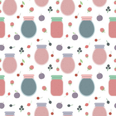 Seamless pattern with berries and fruits and jars of jam or juice in flat - 699174690