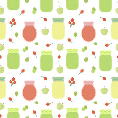 Seamless pattern with berries and fruits and jars of jam or juice in flat - 699174693