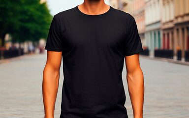 Mockup for men's black t-shirt with the model in an outdoor area (Generative AI)