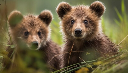 Fototapeta premium Cute puppy playing in the grass, looking at the camera generated by AI