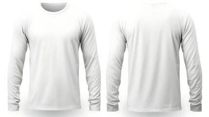 White long sleeve t-shirt isolated on white background, front and back design for mock up template copy space print design. Generative Ai