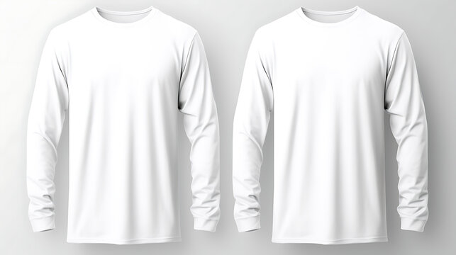 White long sleeve t-shirt isolated on white background, front and back design for mock up template copy space print design. Generative Ai