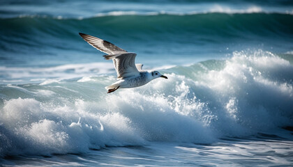 Seagull flying over water, spreading wings, capturing natural beauty generated by AI