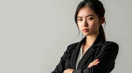 Portrait of the beautiful asian businesswoman with arms crossed on a white background