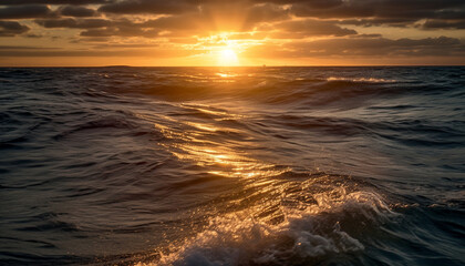 Sunset over the tranquil water, nature beauty in a seascape generated by AI