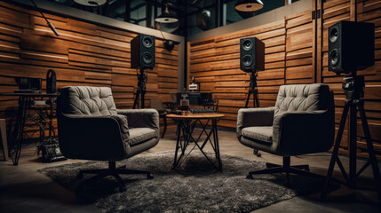 Studio interior for podcast and interview with two chairs - obrazy, fototapety, plakaty