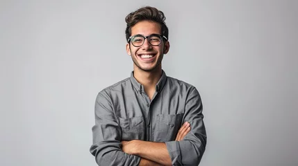 Fotobehang Portrait of young handsome smiling business guy wearing gray shirt and glasses, feeling confident with crossed arms, isolated on white background © WS Studio 1985