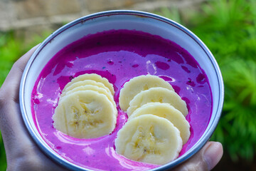 Superfood healthy food for a diet from dragon fruit, strawberries, bananas and honey