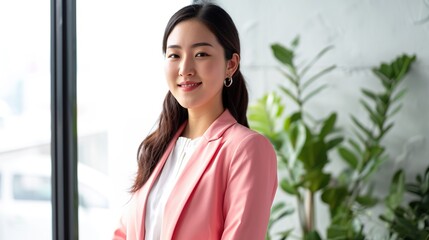 Portrait smile confident asian business designer woman pink suit office. Asian business girl Startup successful power business leader women executive people looking camera 