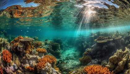 Underwater reef, nature fish in blue, deep scuba diving adventure generated by AI