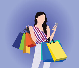 Trendy beautiful young Asian woman carrying colorful bags shopping online with mobile phone isolated on purple banner background.