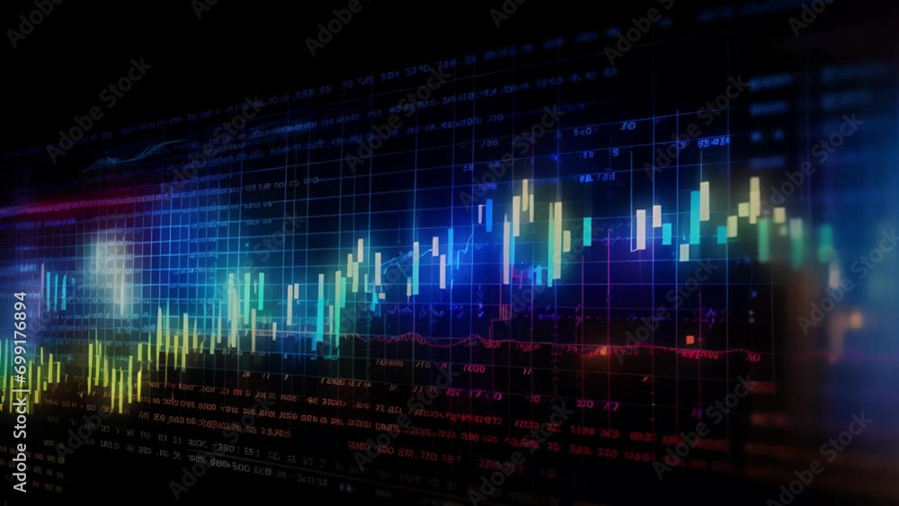 Poster a detailed, zoomedin shot of a stock market graph, with different colored lines representing the beh