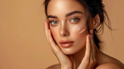 Skin care. Woman with beauty face touching healthy facial skin portrait. Beautiful smiling asian girl model with natural makeup touching glowing hydrated skin