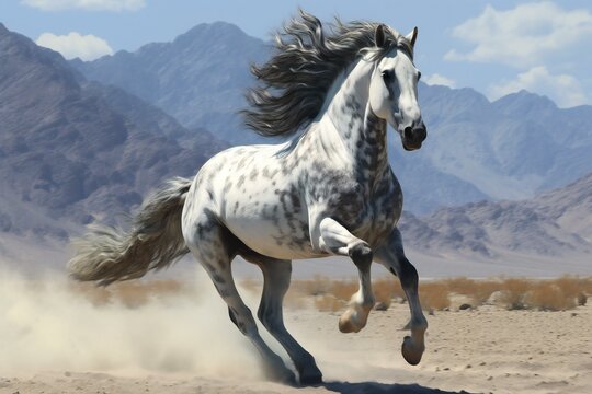 White horse gallops in the desert