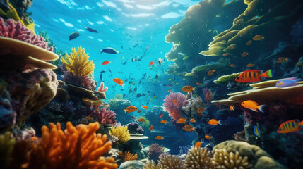 Tropical fish swim through a vibrant coral garden