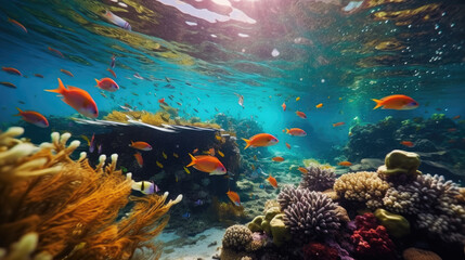 Fototapeta na wymiar Tropical fish swim through a vibrant coral garden