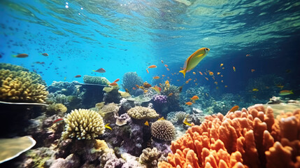 Naklejka na ściany i meble Tropical fish swim through a vibrant coral garden