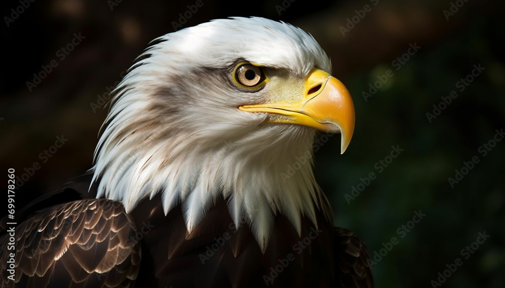 Sticker Majestic bald eagle perched on branch, eyes focused on prey generated by AI