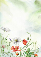 Watercolor floral card of meadow flowers, white and red poppies. Hand painted flowers illustration isolated on white background. For design, print, fabric or background.