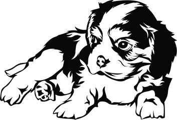Cartoon Black and White Isolated Illustration Vector Of A Pet Cavalier King Charles Puppy Dog Laying Down