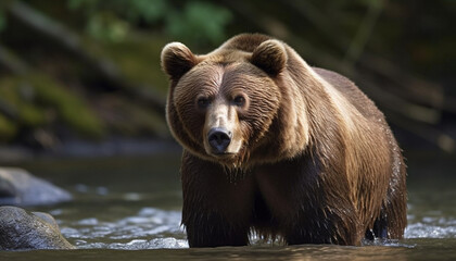 Fototapeta premium Majestic grizzly bear fishing in tranquil tropical rainforest pond generated by AI