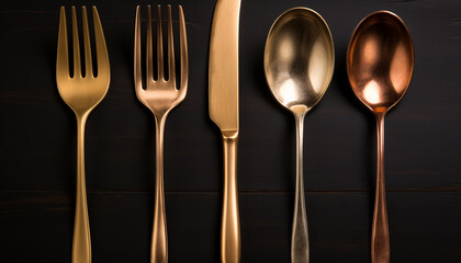 Silverware set on a wooden table, clean and shiny generated by AI