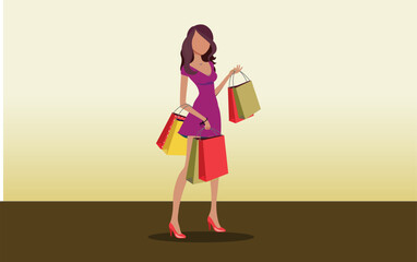 Illustration of lady with shopping bag coming from sale