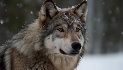 Fototapeta premium A cute gray wolf in the snowy forest, looking at camera generated by AI