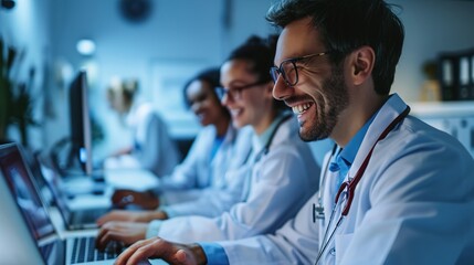 Successful medical doctors using a laptop and smiling while
