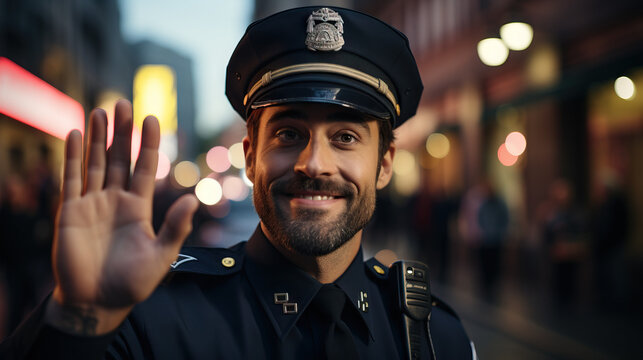 Community Policing: Police Officer Engaging with a Friendly Smile and Wave, Demonstrating Approachable Law Enforcement and Positive Community Interaction