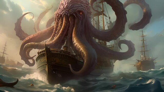 An ancient kraken towers over a small ship its tentacles writhing in a flurry as it Fantasy art concept.