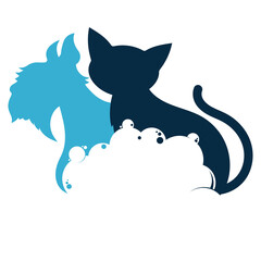 Cat and dog with soap bubbles, scissors, comb. Grooming symbol design