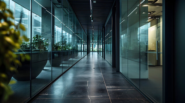 Modern Elegance: Corridor with Frameless Glass Partition in Office - Generative AI