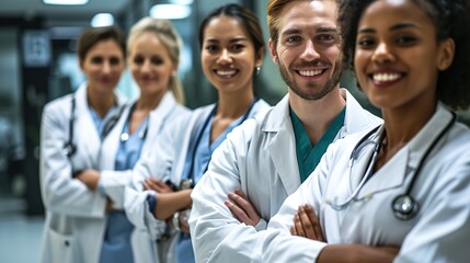 Team of smiling doctors looking at camera with arms crossed