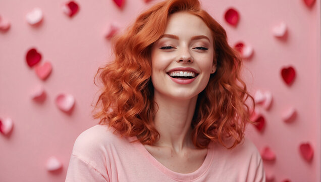Against pink background, a beauty with red hair smiles, surrounded by red hearts in honor of Valentine's Day. Tenderness and joy flow from her smile, reflecting atmosphere of love and celebration