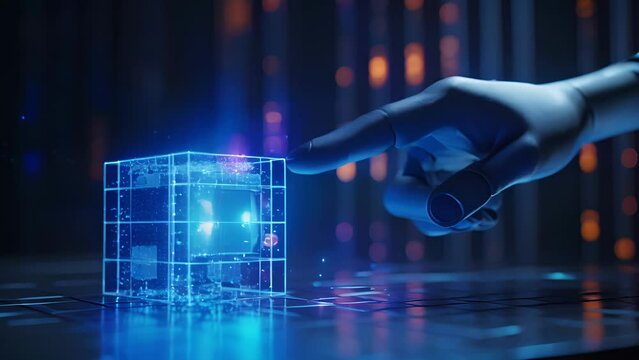 A sleek robotic arm holding a glowing blue cube with data running across the surface. cyberpunk ar