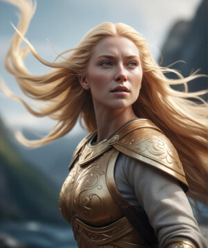 Vibrant 3D Render - Close-up shot of Nordic god Sif displaying her golden hair in dynamic action scene Gen AI