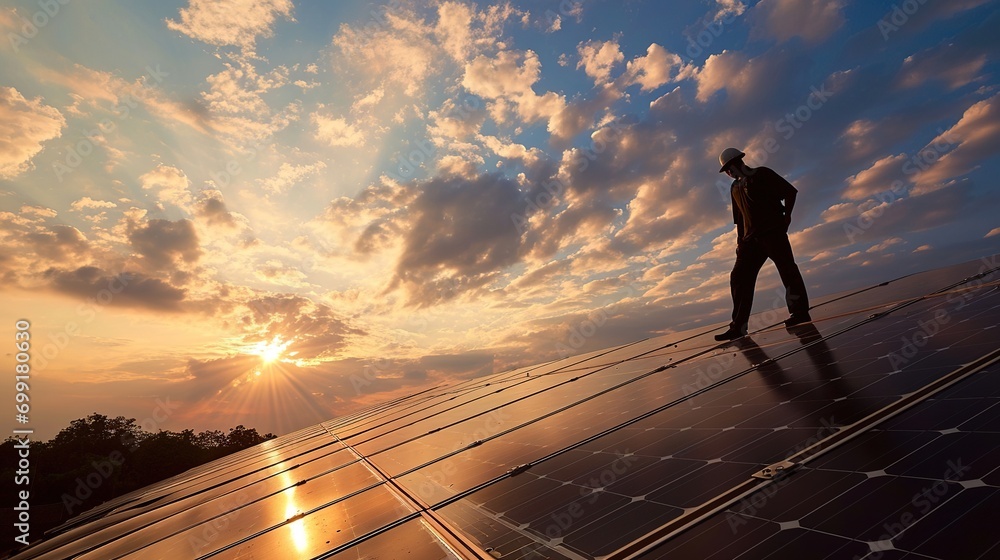 Canvas Prints Technology solar cell, Engineer service check installation solar cell on the roof of factory on the morning. Silhouette technician inspection and repair solar cell on the roof of factory