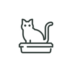 Thin Outline Icon Domestic Cat Goes To the Toilet In The Tray Cat Walks The Litter Box. Such Line Sign as Pet Supplies Pets Accessories. Vector Isolated Pictograms on White Background Editable Stroke.