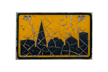 Yellow built up area road sign with paint peeling off. Isolated