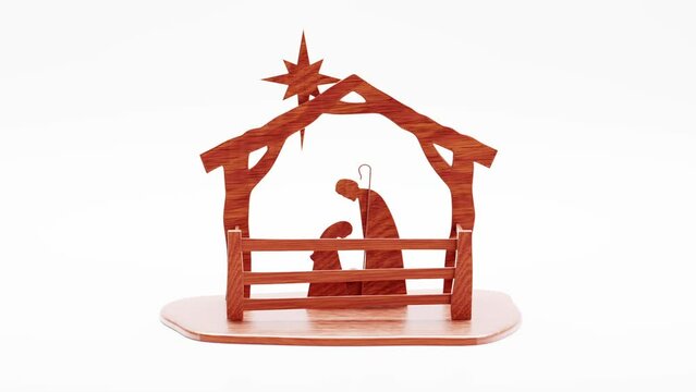 Infinite turntable looping animation of wooden Christmas crib native scene on white background
