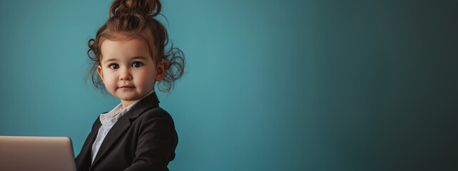 adorable toddler girl dressed as a business woman in suit with a laptop computer, little boss working isolated on blue with copy space
