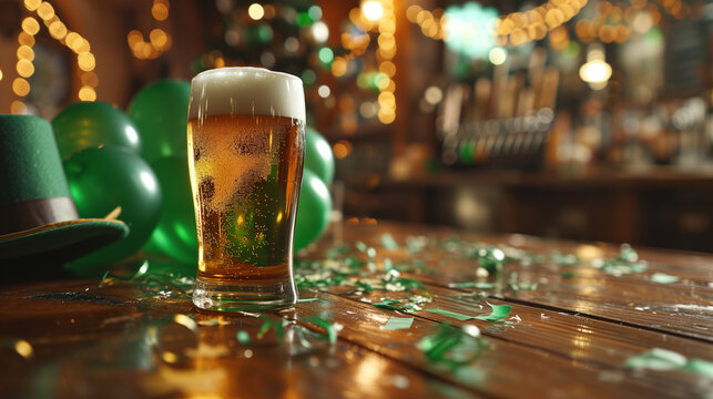 pint of beer on a wooden table. Irish pub. in the background of beer lies a leprechaun hat, green balloons and confetti. festive atmosphere of st patrick's day 
