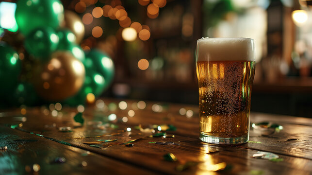 pint of beer on a wooden table. Irish pub. in the background of beer lies a leprechaun hat, green balloons and confetti. festive atmosphere of st patrick's day 
