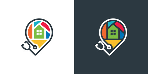 The hospital and stethoscope designs are combined with the location pins in the logo. combination of hospital design and map pin and stethoscope in modern style